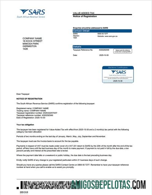 Certificado de Imposto sobre Valor Agregado da África do Sul em branco modelo Word e PDF